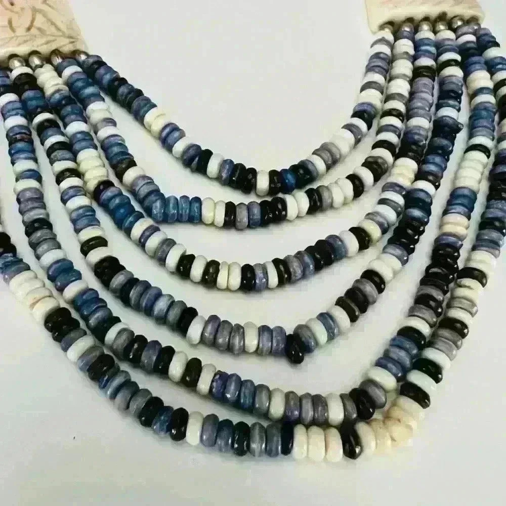 Blue Beaded Necklace - Faux Ivory -Elephant Engraved 11" Costume Fashion Jewelry - Picture 2 of 4